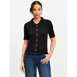 LOFT Smocked Ruffle Hem Shirt in Black- Size Large